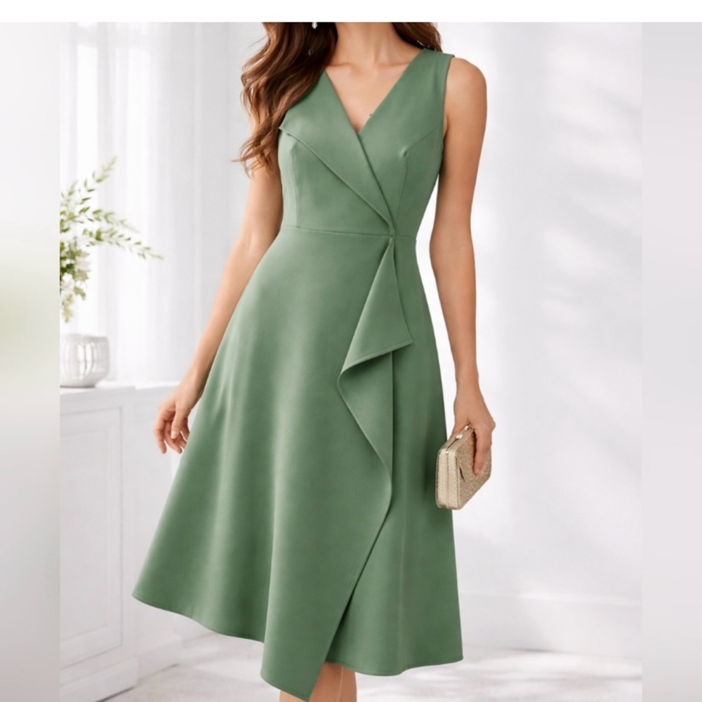 EUC Ann Taylor Olive Green Sleeveless Wrap-Front Midi Dress size 8